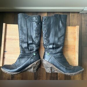 Unique Leather Boots - Wedge Heel & Lace Up Accent